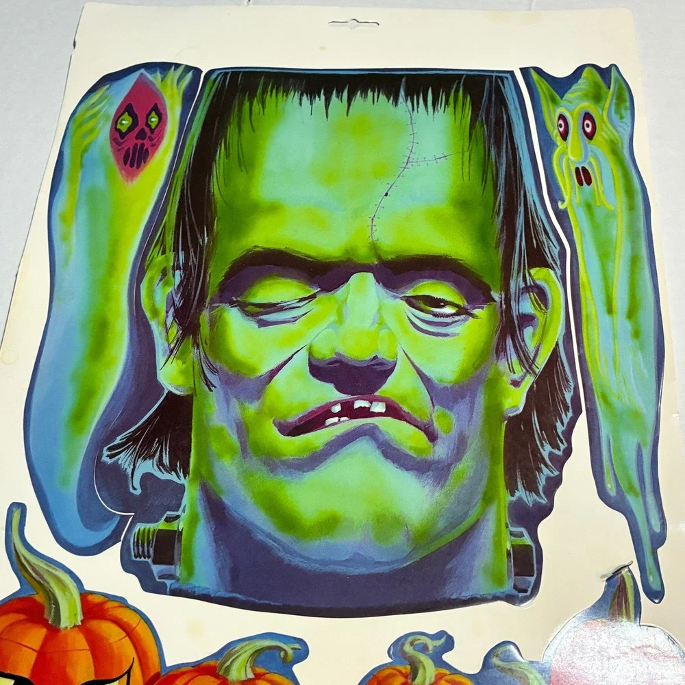 Halloween Window Clings Multicolor Frankenstein Pumpkins Vintage Vinyl Decor